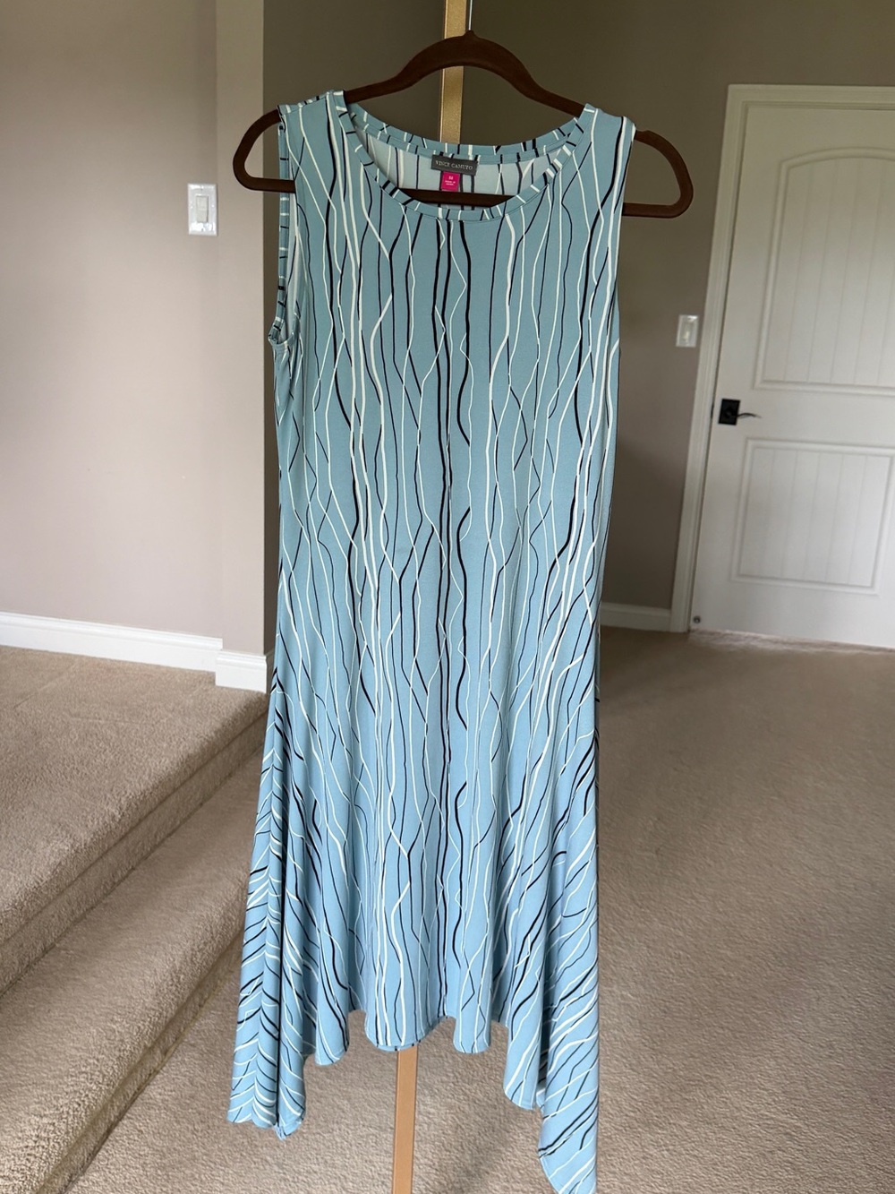 Vince Camuto Light Blue Abstract Handkerchief-Hem Dress